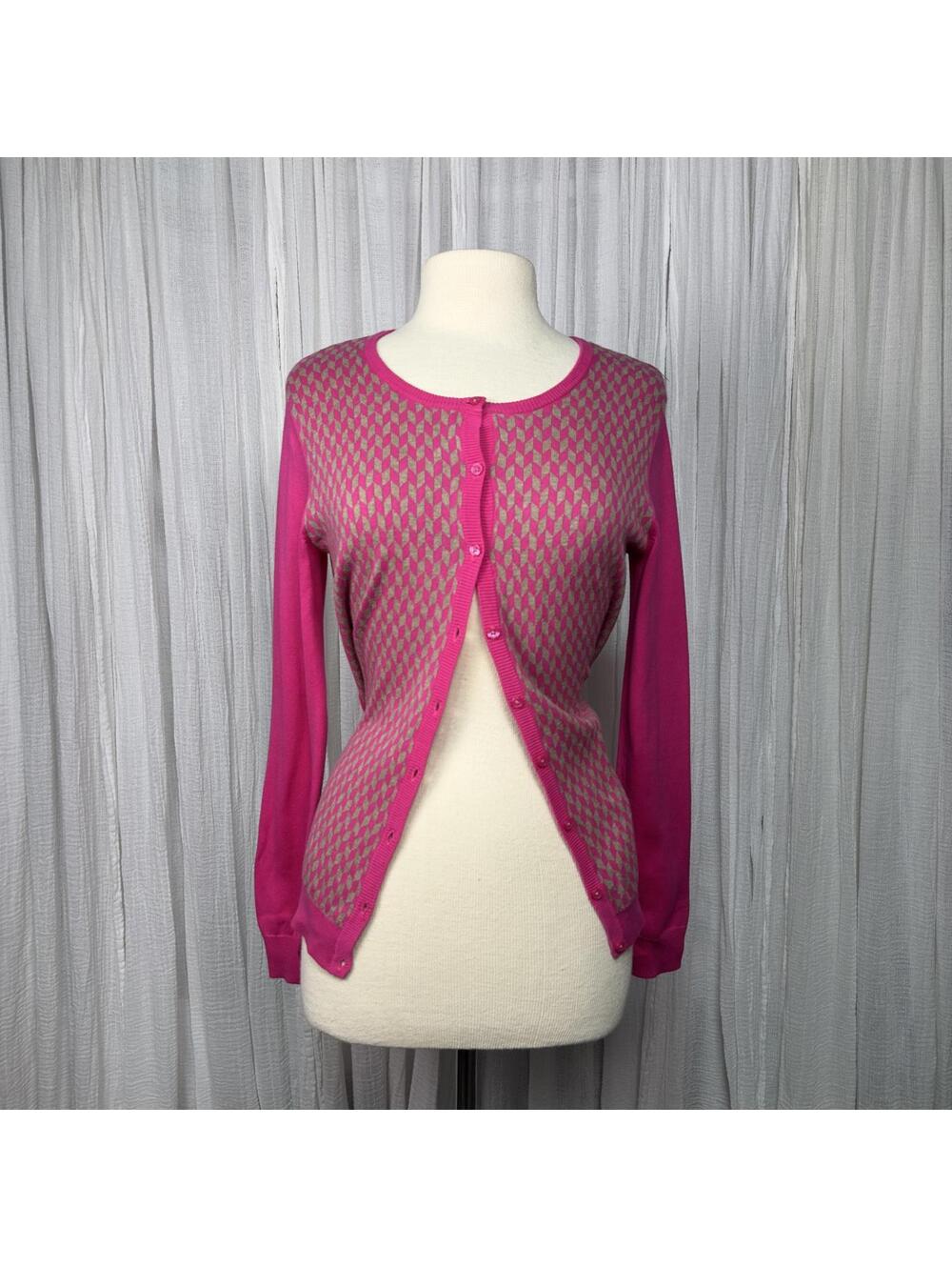 Y2K Preppy Pink Patterned Cardigan Sweater (M)